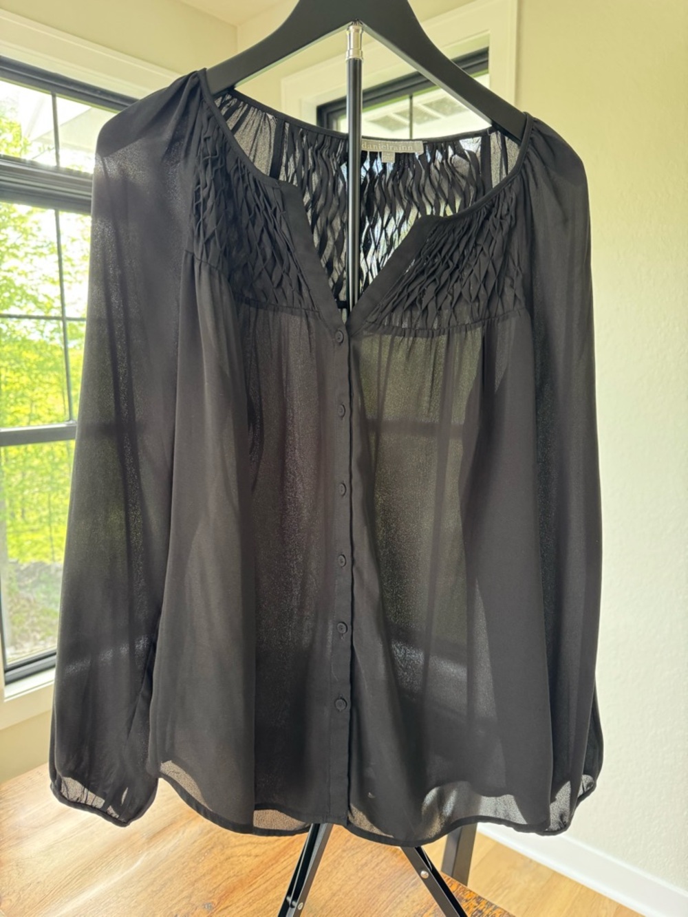 Daniel Rainn Black Sheer Button-Up Blouse with Smocked Yoke